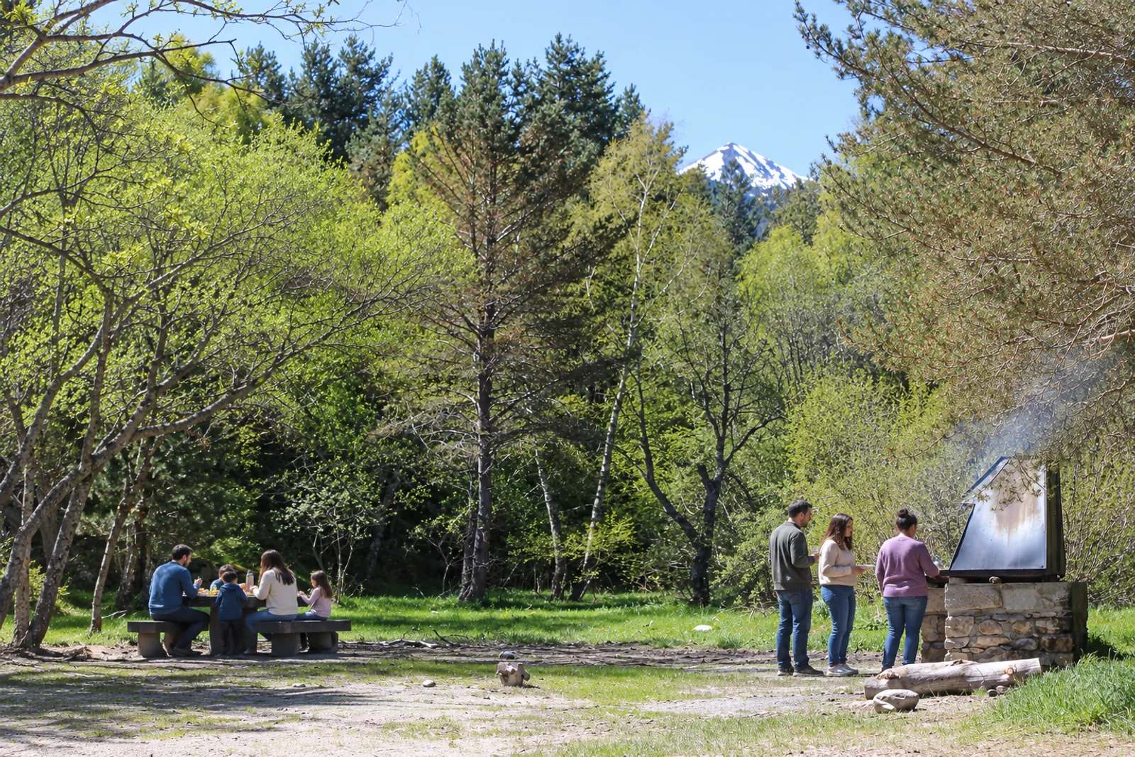 Familia de picnic junto a la mesa y tres personas alrededor del asador, una con bebida y otra preparando la brasa