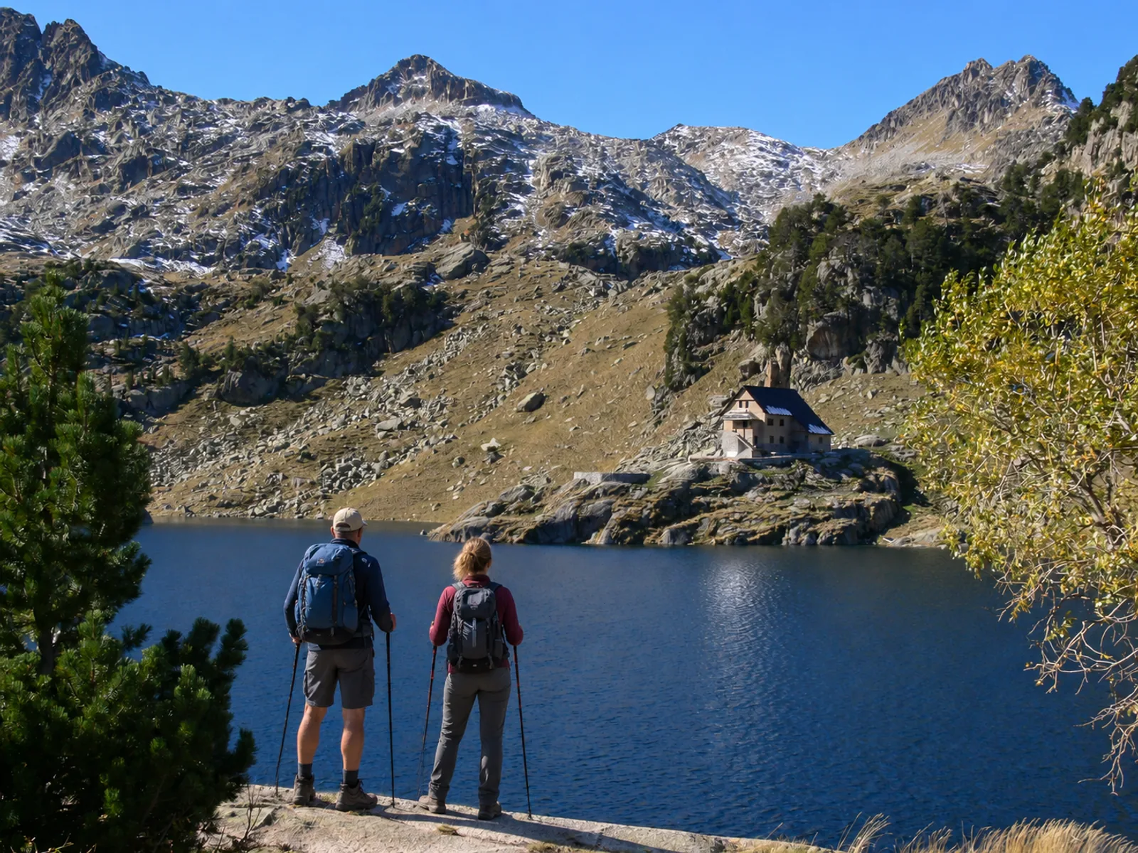Dos excursionistas de espaldas contemplan el lago de Colomèrs, con el refugio al fondo